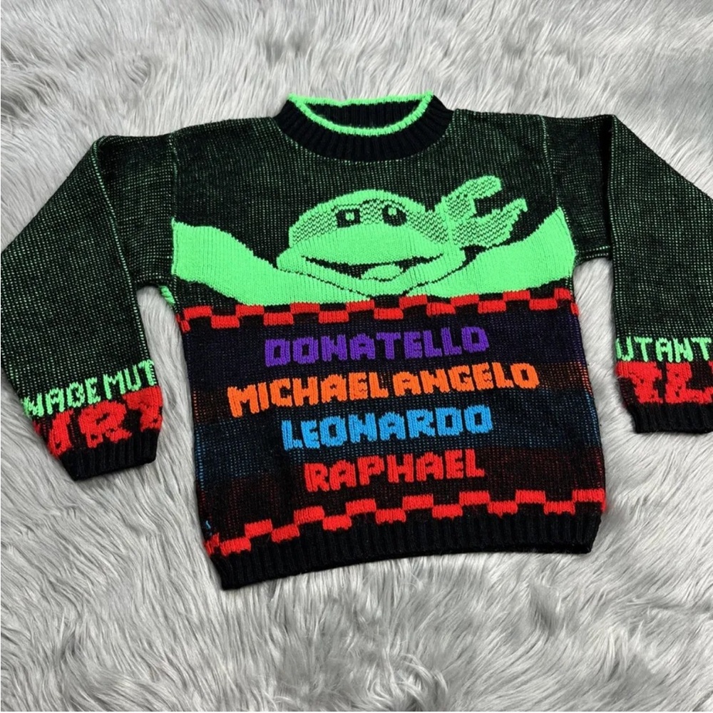 Vintage Black Knit Multicolored TMNT Turtle Boys Sweater